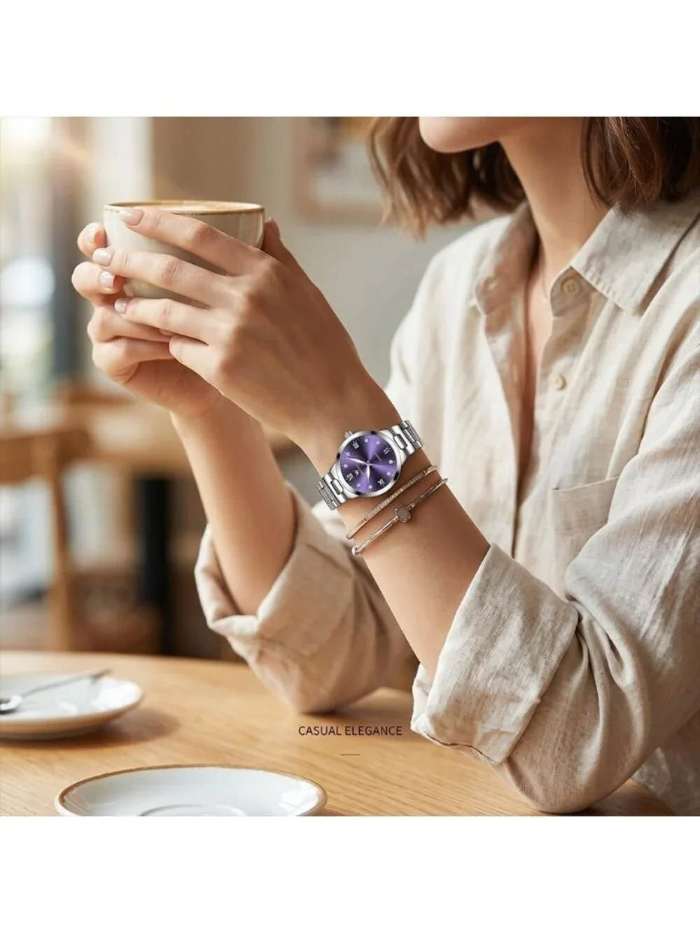 Women's Purple and Silver Analog Quartz Waterproof Stainless Steel Band Watch